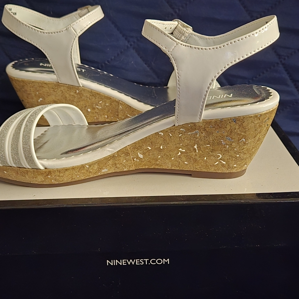 Nine West White and Tan Wedge Sandals